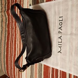 MILA PAOLI Black Leather with  White Accent Stitching Shoulder Handbag